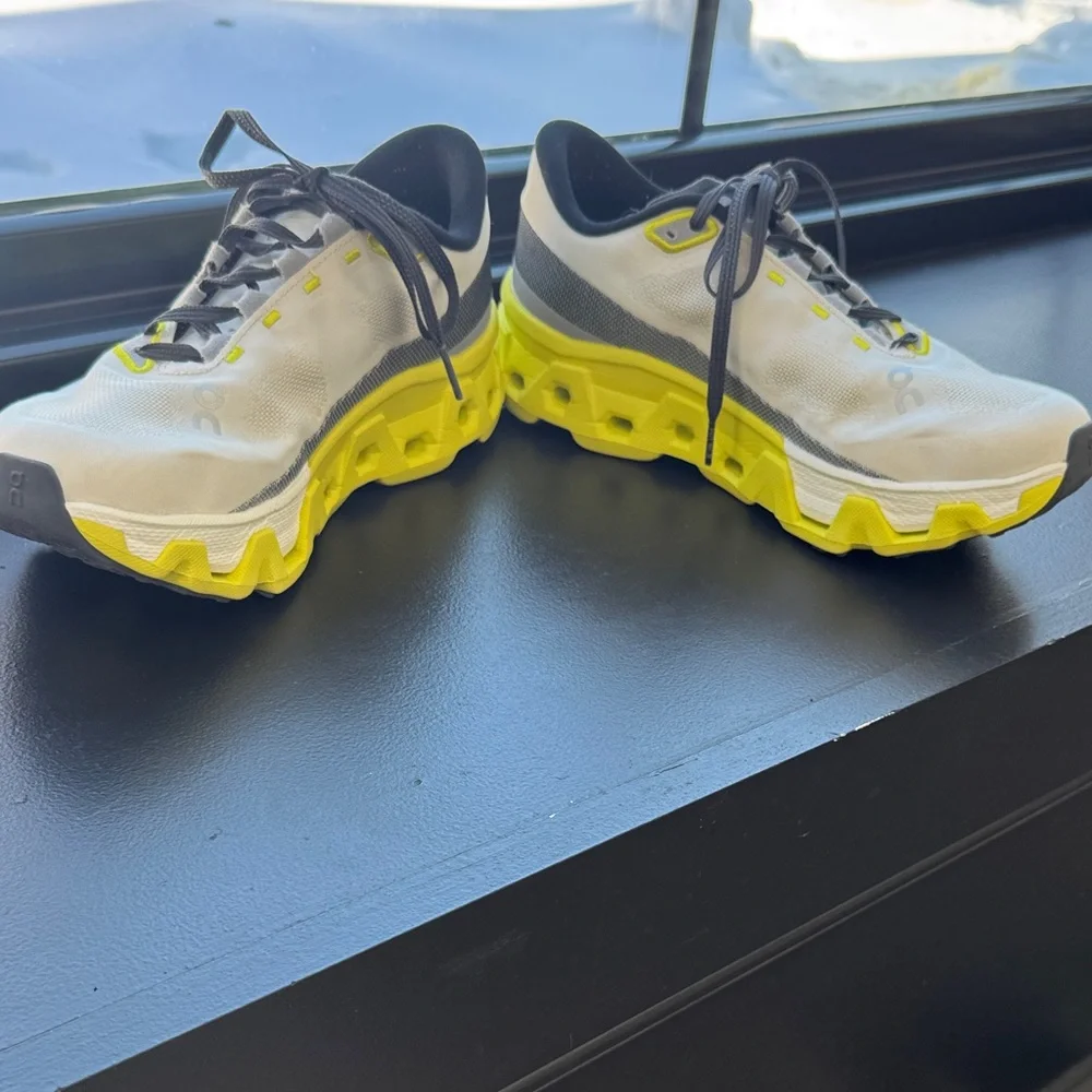 On Running Cloudmonster Hyper White and Neon Yellow Athletic Shoes - Picture 3 of 8